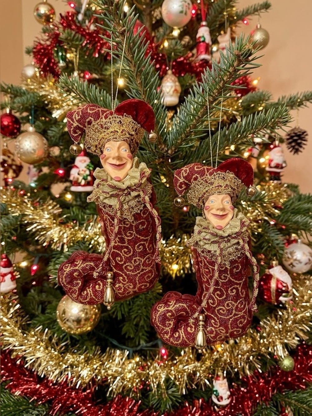 Set Of 2 Vintage Mark Roberts Jester Stocking Ornaments